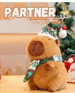 Close-up of cute Christmas capybara plush wearing festive knitted hat and scarf