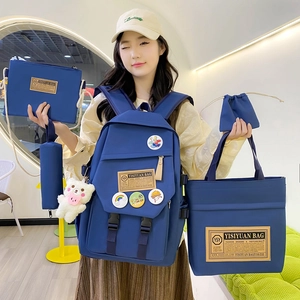 Nylon School Backpack Tote Shoulder Bag Pencil Case Drawstring Bag Campus Student Girls Preppy Style With Bear Pendant