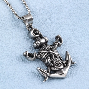 Retro stainless steel pirate anchor necklace with skull and swords on blue background