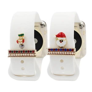 Detail of Christmas silicone watch straps with Santa Claus and stocking charms for Apple Watch