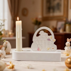 Easter candle holder set with white oval base, pillar candle and ceramic basket insert