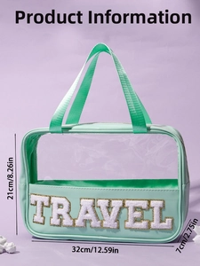 Detailed view of mint green PVC travel bag with white TRAVEL embroidery and top handle