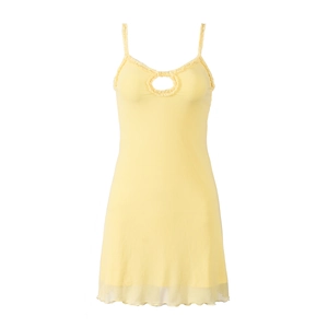 Detail of light yellow mini dress featuring mesh ruffle trim and keyhole cutout detail