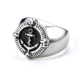 Retro stainless steel nautical anchor signet ring with compass detail and silver finish