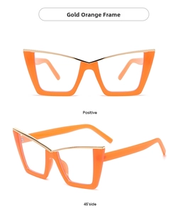 Front and side view of gold orange cat-eye glasses with metal and acetate frames