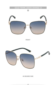 Front- und Seitenansicht der quadratischen Oversized-Sonnenbrille mit goldener Fassung