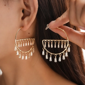 Geometric Hollow Hoop Earrings With Rectangular Zircon Fringe And 925 Sterling Silver Earring Post Fashion Jewelry