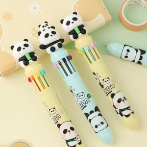Close-up of cute panda 10-color retractable ballpoint pens with multi-color ink toggles