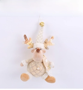 Detail of plush Christmas reindeer ornament with gold glitter antlers and a knitted hat