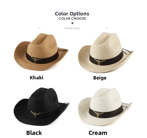 Detail showing four color options of straw cowboy hats with vintage bull head metal buckle