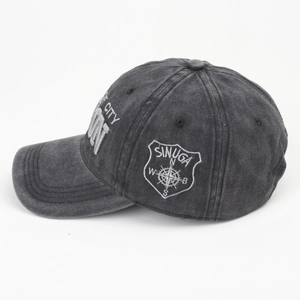Washed charcoal grey baseball cap with vintage embroidery and adjustable soft top crown