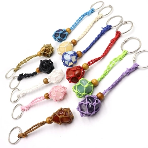 Adjustable woven net keychain with various natural crystals and polished mineral stones