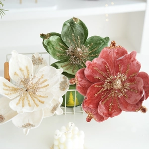 Velvet artificial magnolia flowers with gold glitter edges for Christmas home decoration