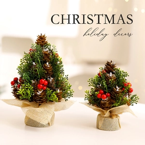 Mini Christmas tree set with pine cones, red berries and burlap base for tabletop decor