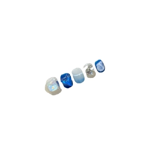 Handmade mermaid ocean blue press-on nails with 3D relief, glitter and rhinestone accents