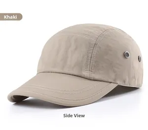 Side view of khaki quick-dry camp hat with metal eyelets and contrast stitching