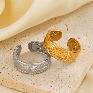 Stainless Steel Open Ring Bohemian Retro Geometric Embossed Adjustable Finger Jewelry For Women