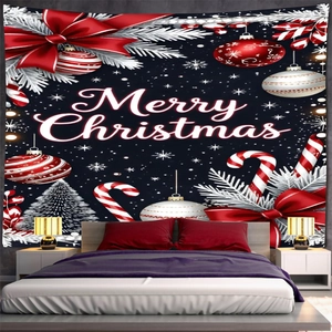 Detail of Christmas wall tapestry with Merry Christmas typography and festive decor elements