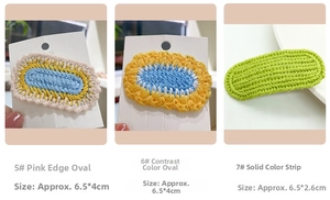 Detailed close-up of handmade knit hair clips with three colorful crochet patterns and sizes