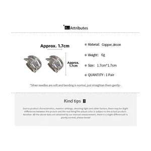 Detailed size chart showing 1.7cm zircon crossover multilayer earrings in copper material