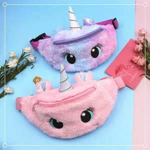 Cute plush unicorn waist bags for kids in gradient and pink with adjustable strap