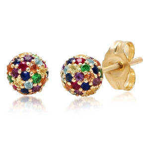 Sparkling gold ball stud earrings featuring colorful pavé crystals on a white background