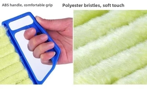 Detail of ABS handle and polyester bristles on a professional blind cleaning brush