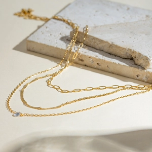 Three-layer 18k gold stainless steel necklace with paperclip chain and zircon pendant