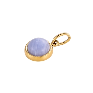 Detail showing a light blue round gemstone pendant with a golden twisted metal border