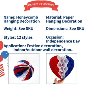 Set of 12 red white and blue Independence Day honeycomb paper hanging decorations