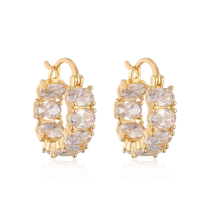 Elegant 18K gold plated hoop earrings with oval zircon stones on white background