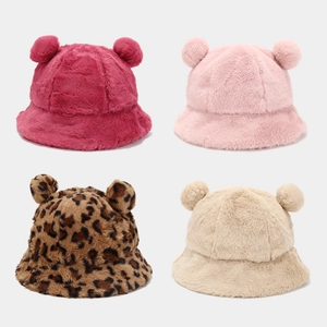 Bob en Imitation Fourrure de Lapin avec Oreilles d'Ours pour Femmes Hiver Chaud Peluche Pêcheur Léopard Uni Chapeau
