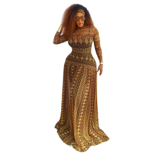 Elegant vintage geometric print maxi dress with long sleeves and matching headscarf