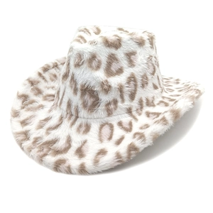 Detailed close-up of plush leopard print faux fur cowboy hat with soft velvet texture