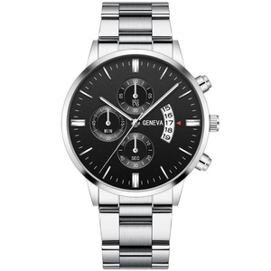 Detail view of silver Geneva business watch with black dial and chronograph functions