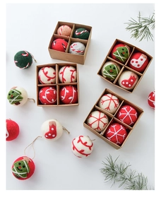 Detailed view of handmade wool felt Christmas balls with festive embroidery in gift box