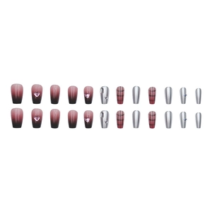 Glitter ballerina press-on nails set featuring red black gradient and heart rhinestones