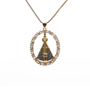 Gold-plated Virgin Mary pendant necklace with blue micro-inlay and zircon marquise frame