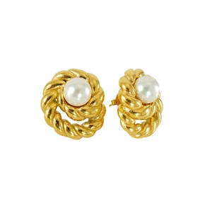 Close-up of twisted rope design 18K gold-plated stud earrings with center white pearl