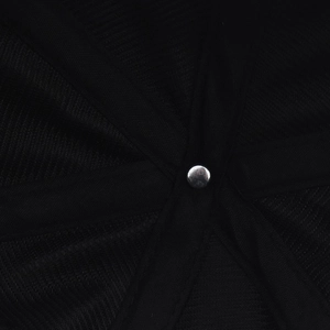 Close-up of the black baseball cap crown showing reinforced stitching and metal top button