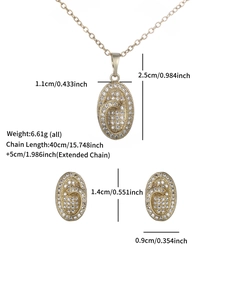 Detailed size specifications for gold oval pendant necklace and earrings jewelry set