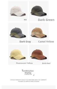 Detailed grid view of six colored baseball caps showing washed cotton texture and variety