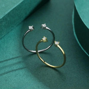 925 Sterling Silver open rings in gold and silver finish with small moissanite stones
