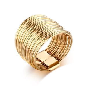 Minimalist Stainless Steel Multi Layer Wire Wrap Wide Band Ring For Women Men Gold Electroplated Geometric Fashion Finger Jewelry