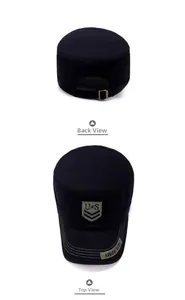 Detail of black military cap back with adjustable bronze buckle and U.S. ARMY embroidery