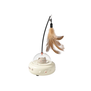 Jouet intelligent pour chat en forme d'OVNI avec plumes naturelles et chaton mignon