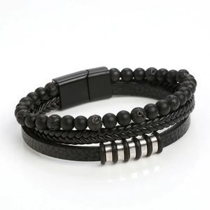 Multilayer leather bracelet with black lava stone beads and magnetic metal clasp