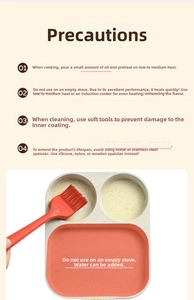 Three-section non-stick pan detail showing user guides and a red silicone oil brush