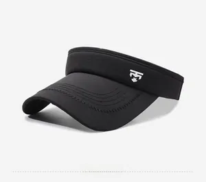 Detail view of the black sun visor hat showing reinforced stitching and athletic side logo