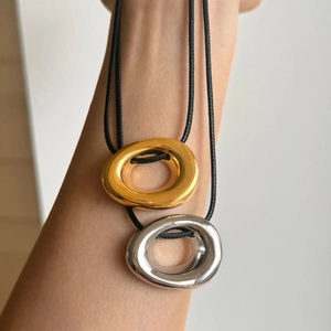 Irregular Circle Pendant Necklace 18K Gold Plated Stainless Steel Polished Donut Black Leather Cord Minimalist Jewelry
